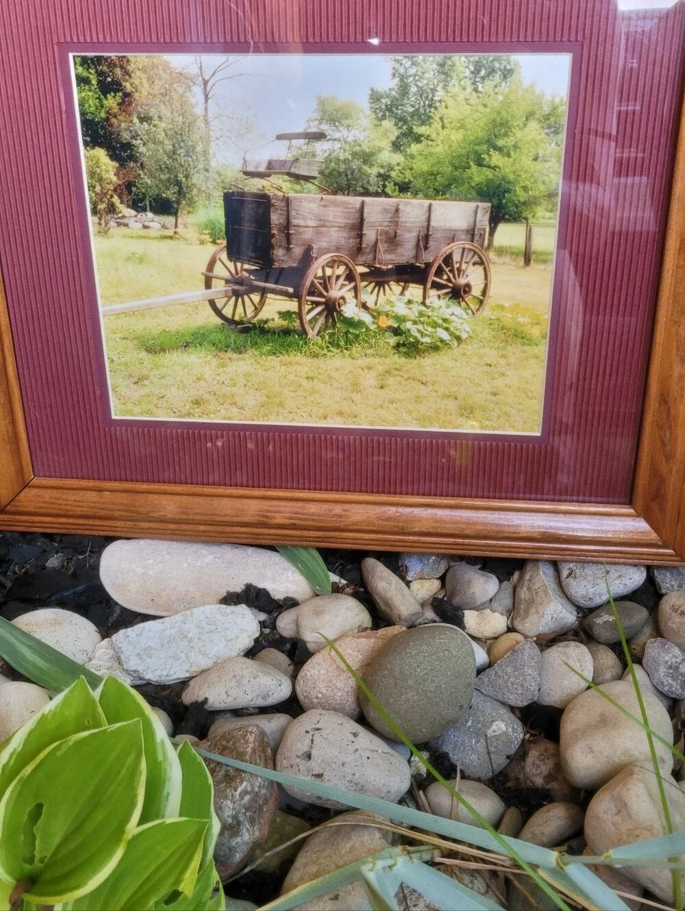 Wood Frame Rustic Wagon Print in Burgundy Mat